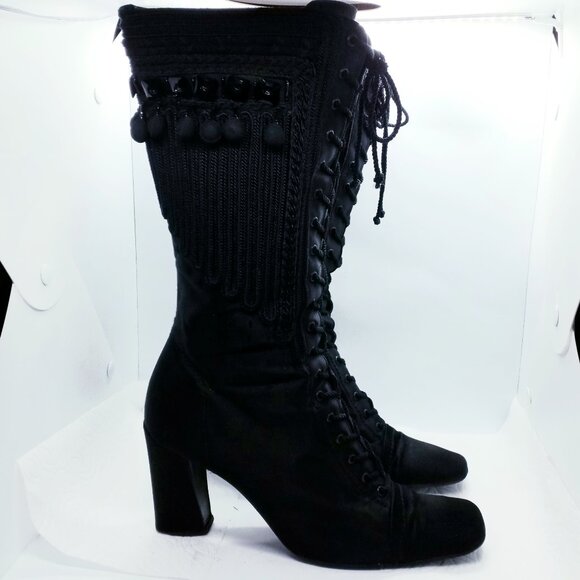 PRADA Satin Boots Size 40 Beaded Embroidered Square-Toed Lace-Up - Picture 1 of 9